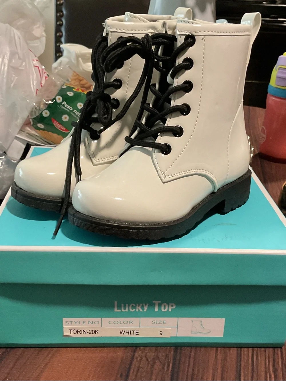 Lucky Brand White Patent Lace-Up Kids Combat Boots